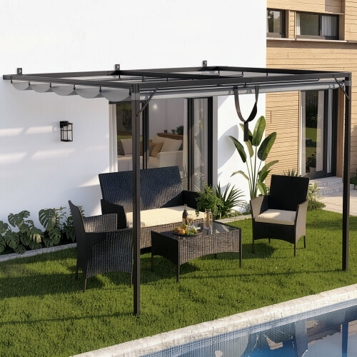 (Grey) 2.4*2.4m Patio Pergola with Retractable Waterproof Canopy