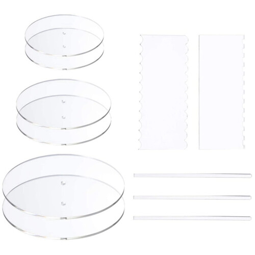 Acrylic Round Cake Disk Set - Cake Discs Circle Base Boards with Center Hole - 2 Comb Scrapers (4 Patterns) & Dowel Rod