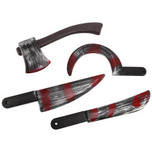 4Pc Halloween Plastic Fake Bloody Props Weapon Knife Ax Cleaver Sickle Role-Playing Horror Toy Halloween Party DIY