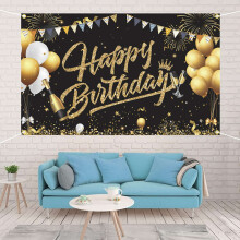 Birthday Backdrop Banner Black Gold Backdrop Sign Happy Birthday Party Decoration Set for Girls Men Women Celebration