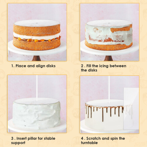 Acrylic Round Cake Disk Set - Cake Discs Circle Base Boards with Center Hole - 2 Comb Scrapers (4 Patterns) & Dowel Rod 2