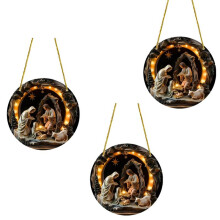 Drewniany Znak Przedstawiający Scenę Bożego Narodzenia, 2D, Tłoczony, Okrągły, Świąteczny Ornament do Kościoła