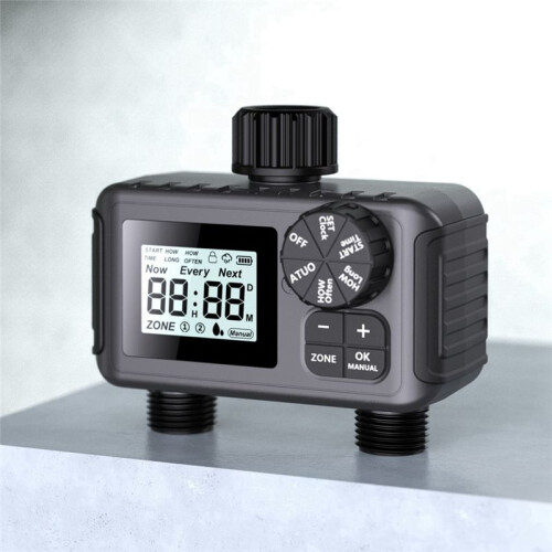 2-Way Programmable Watering Timer for Greenhouse, Lawn Automatic Hose Tap Irrigation System with Drip Controller Valve A 1