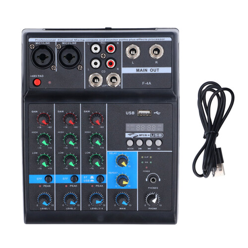 USB 4-Channel Sound Mixer with BT, 48V Phantom, 25W 2