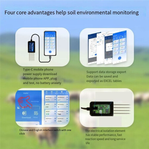 8-in-1 Isolated Soil Sensor Temperature Humidity Nitrogen Phosphorus Potassium PH Value Salt RS485 Detector