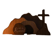 Osterszene mit Leerem Grab und Kreuzdekoration, Hölzerne Osterauferstehungsszene für Gestuftes Tablett, Krippendekoration mit Jesus