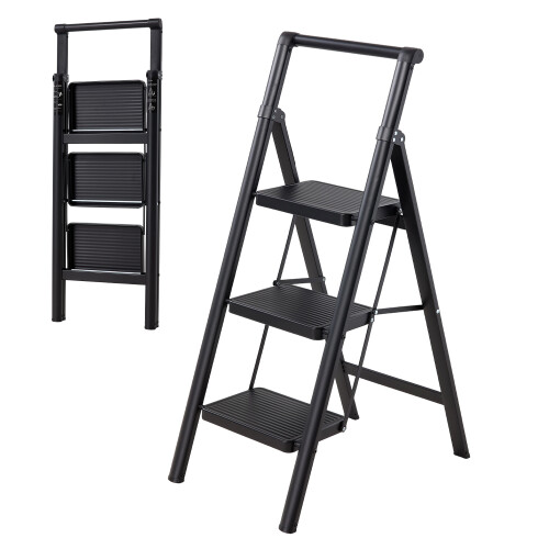 Living And Home Anti-Slip 3 Step Ladder with Wide Pedals