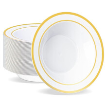 50 Tazones de Plástico con Borde Dorado, Desechables de 19 cm y 355 Ml para Sopa, Resistentes para Postres y Ensaladas, para Fiestas y Bodas.