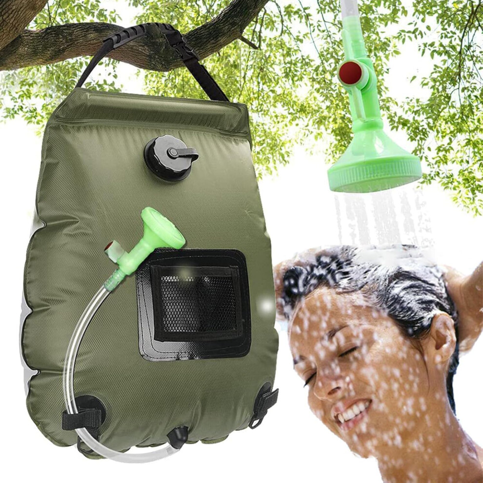 (Green) Solar Shower Bag | 5 Gal/20L Solar Heating Camping Shower Bag | Removable Hose | On-Off Switchable Shower Head 749655463159