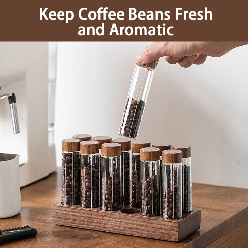 12-Pack 2oz Borosilicate Coffee Bean Storage with Walnut Display Stand 1