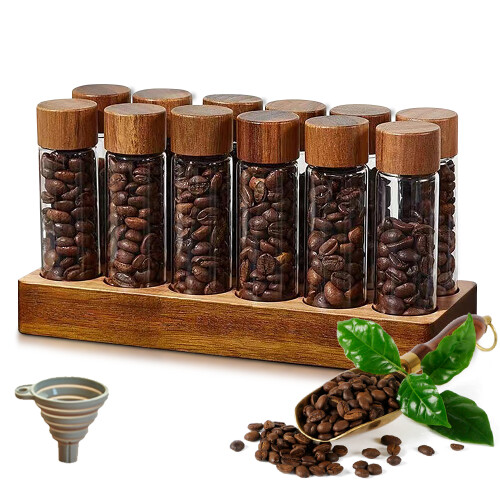 12-Pack 2oz Borosilicate Coffee Bean Storage with Walnut Display Stand 2