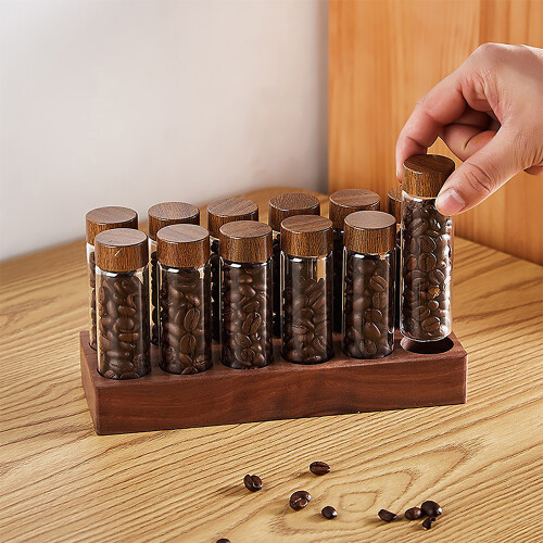 12-Pack 2oz Borosilicate Coffee Bean Storage with Walnut Display Stand