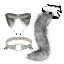 Ears and Long Tail Set Faux Plush Hair Hoop for Halloween Christmas Ca