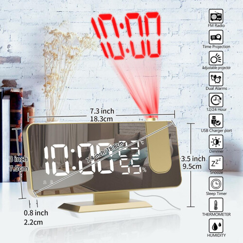 Mirror Digital Alarm Clock LED Lamp Snooze Adjustable Brightness Gold 1