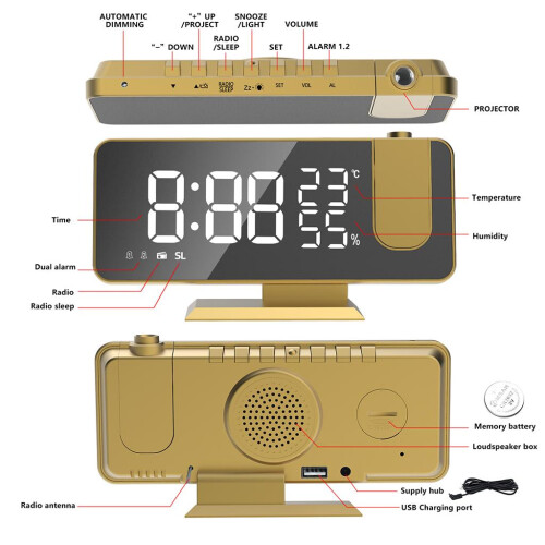 Mirror Digital Alarm Clock LED Lamp Snooze Adjustable Brightness Gold 2