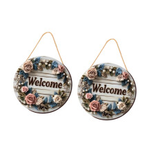 2x Floral Welcome Signs 2D Front Door Door Hanger Signs Wooden Hanging