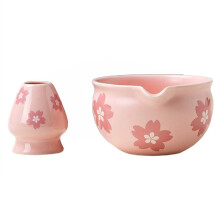 2 Peças de Tigela de Matcha Japonesa Tradicional e Suporte para Batedor, Tigela de Chá para Mesa, Cerimônia Do Chá, Festa, Presente, Flores Rosa