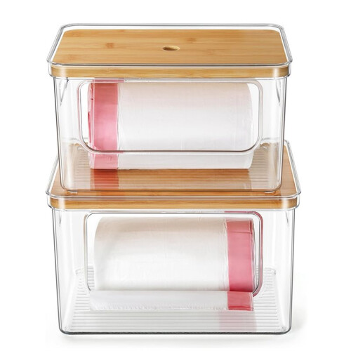 Trash Bag Dispenser,Acrylic Garbage Bag Holder with Bamboo Top,Stackable Organizer for Kitchen and Laundry Room 2 Pack 1