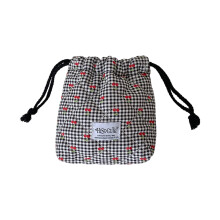 Cherrys Patterned Checkered Cloth Bag Reusable Drawstring-Black