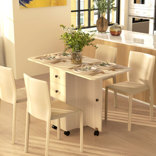 Homcom HOMCOM Folding Dining Table for 4-6 Drop Leaf Table on Wheels Natural Wood