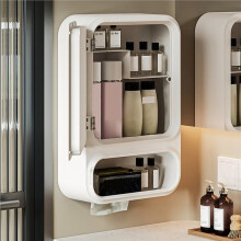 Étagère de Rangement Murale pour Salle de Bain, Sans Perçage, avec Miroir et Boîte de Rangement Anti-Poussière pour Cosmétiques