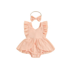 (12-18 Months, Pink) Conjunto de 2 peças para bebê menina: macacão com decote quadrado, mangas curtas e faixa de cabelo com laço.