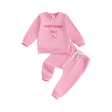 (12-18 Months, Pink) Tyttövauvojen 2-osaiset asut, kirjainrusetti-kirjonta, pitkät hiha topit ja joustava vyötäröhoususetti