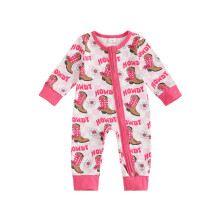 (6-12 Months, Pink) Macacão infantil feminino outonal com botinhas, estampa floral, mangas longas, gola redonda e zíper. Roupa fofa.