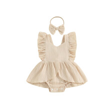 (12-18 Months, Khaki) Conjunto de 2 peças para bebê menina: macacão com decote quadrado, mangas curtas e faixa de cabelo com laço.