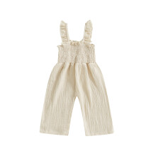 (3-4 Years, Beige) Baby Girl Rompers Ruffle Sleeveless Solid Color Smocked Jumpsuit Suspender Pants Summer Outfit