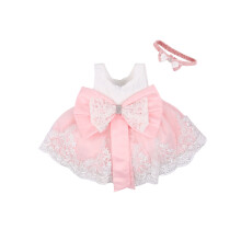 (3-6 Months, Pink) Kislány virágmintás ruha hajpánttal, ujjatlan, csipke hátsó, nagy masnival, tüll stílusú, cipzáras.