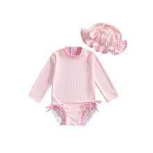 (3-6 Months, Pink) Zwempakje met rashguard en hoedje voor peutermeisjes, 2-delige set met streepjespatroon, lange mouwen en ronde hals.