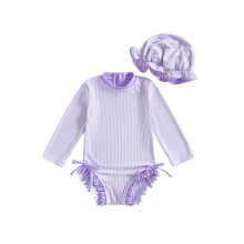 (3-6 Months, Purple) Zwempakje met rashguard en hoedje voor peutermeisjes, 2-delige set met streepjespatroon, lange mouwen en ronde hals.