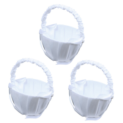 3X Weiss Satin Perlen Hochzeit Blumenmaedchen Korb Bowknot Dekor