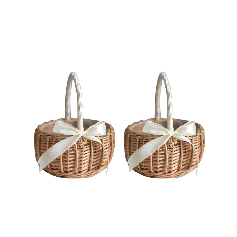 Brecantia 2X Wicker Woven Flower Basket, With Handle And White Ribbon, Wedding Flower Girl Baskets, For Home Garden Decoration(L)