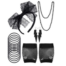 80s Fancy Dress Costume Accessories for Women,Party Set with Lace Headband, Earrings, Fishnet Gloves, Necklace, Bracelet