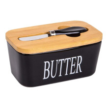 Grote Keramische Zwarte Botervloot met Deksel voor op Het Aanrecht, met Deksel en Houder voor Boterstaafjes