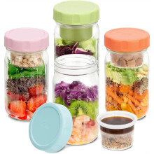 4-Pack Glazen Saladepotten met Deksels, Maaltijdvoorbereiding, Scheiding van Natte en Droge Ingrediënten voor Saladedressing en Droge Ingrediënten,