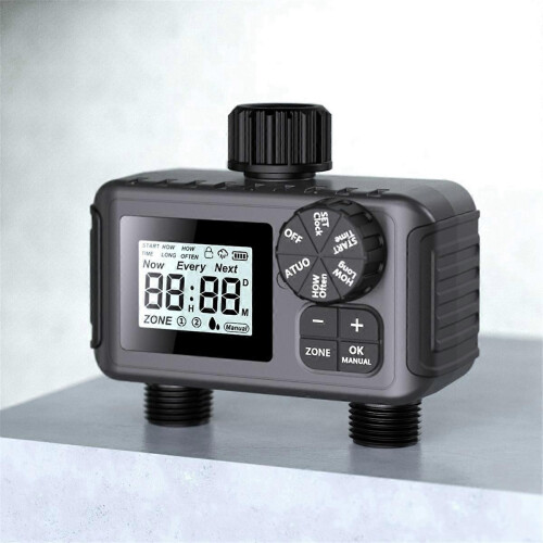 2-Way Programmable Watering Timer for Greenhouse, Lawn Automatic Hose Tap Irrigation System with Dri-A 1