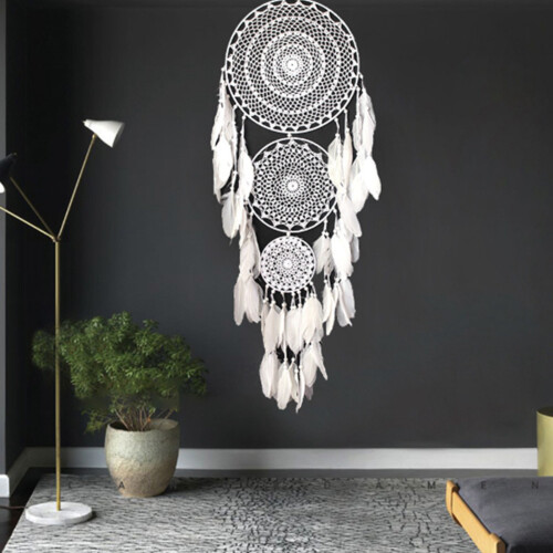 2X Extra  Boho Dream Catcher con 3 CíRculos Colgante de Macramé de Plumas Blancas 1