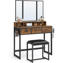 Dressing Table with Mirror and Stool, Vanity Table with Tri-Fold Mirror, 3 Drawers, Hair Dryer Holder
