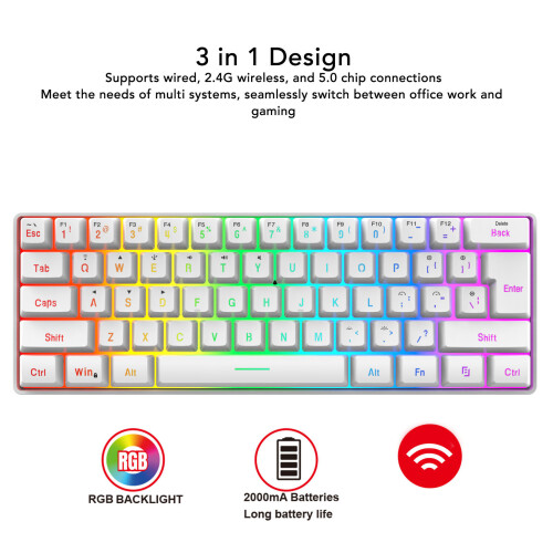 3 Mode 61-Key RGB Wireless Bluetooth Wired White Keyboard with 2000mAh 2