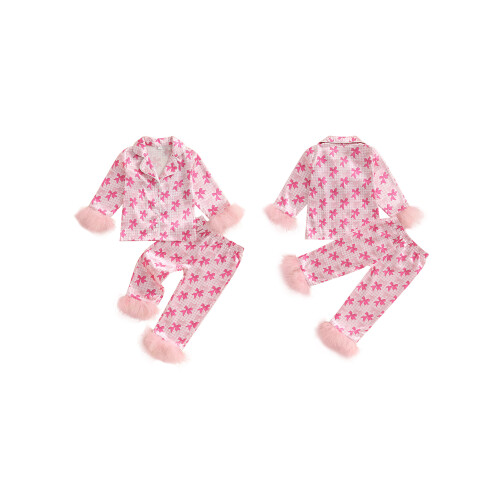 (4-5 Years, Pink) Σετ πιτζάμας σατέν με φιόγκο. 1