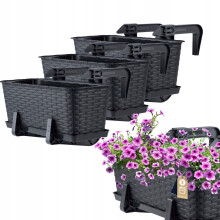 KADAX Rattan Window Box, Rectangular Outdoor Planter with Saucer and Brackets for Balcony Railings (Set of 3: 40 cm, Anthracite)