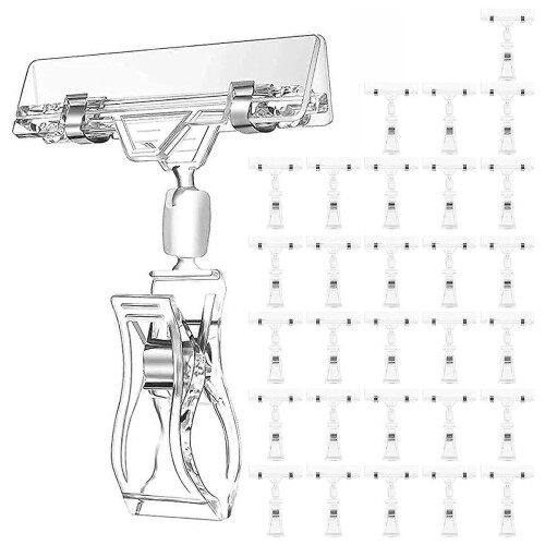 30 Pcs Label Holders Sign Clip, Plastic Clear Rotatable Sign Clips