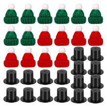 32PCS Doll Hats Include 16 Knitting Santa Hats and 16 Black Plastic Christmas Hat Miniature Plastic Top Hats