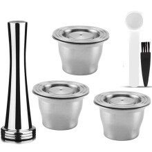 Capsules Reusable, Stainless Steel, 12 Pieces Refillable Pads for + 4 Tamper + 4 Spoon + 4 Brush
