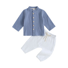 (12-18 Months, Blue) Completo autunnale per bambini: camicia a maniche lunghe con bottoni e pantaloni lunghi elasticizzati, set di 2 pezzi.