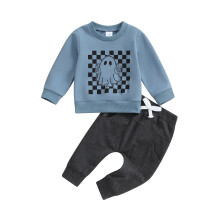 (2-3 Years, Blue) Toddler Boys Fall Outfits Checkerboard Ghost Print Crew Neck Long Sleeve Sweatshirts and Long Pants 2Pcs Halloween Clothes Set