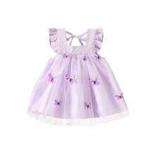 (6-9 Months, Purple) Letní šaty pro miminka s dívčími rukávy, čtvercový výstřih, 3D motýlí tyl, kojenecké oblečení s logem